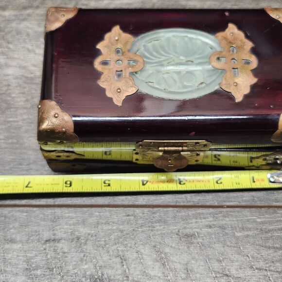 Vtg Chinese Wood Jewelry Keepsake Box Carved Jade Inlay w/brass 6.75" x 3.5" - Picture 9 of 12